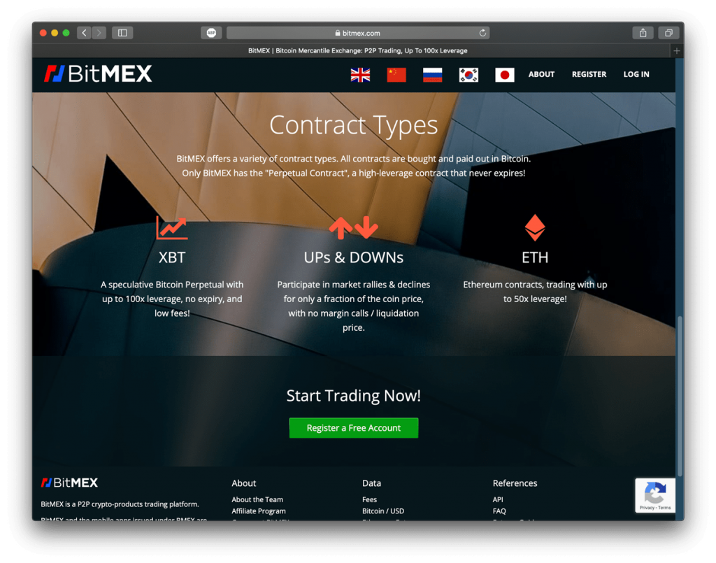 Screenshot of BitMEX's homepage. Showing XBT and ETH