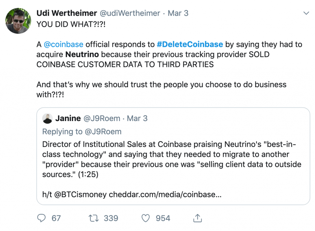 Tweet about #Deletecoinbase