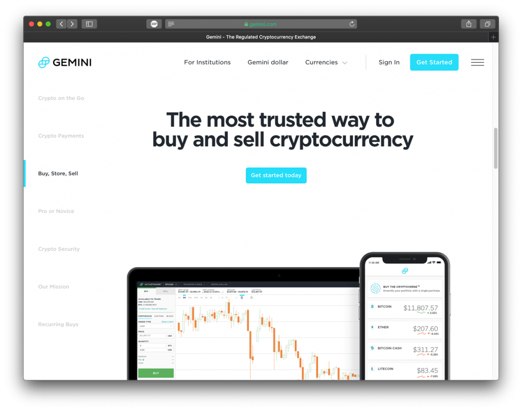 Screenshot of Gemini exchange, showing their homepage.