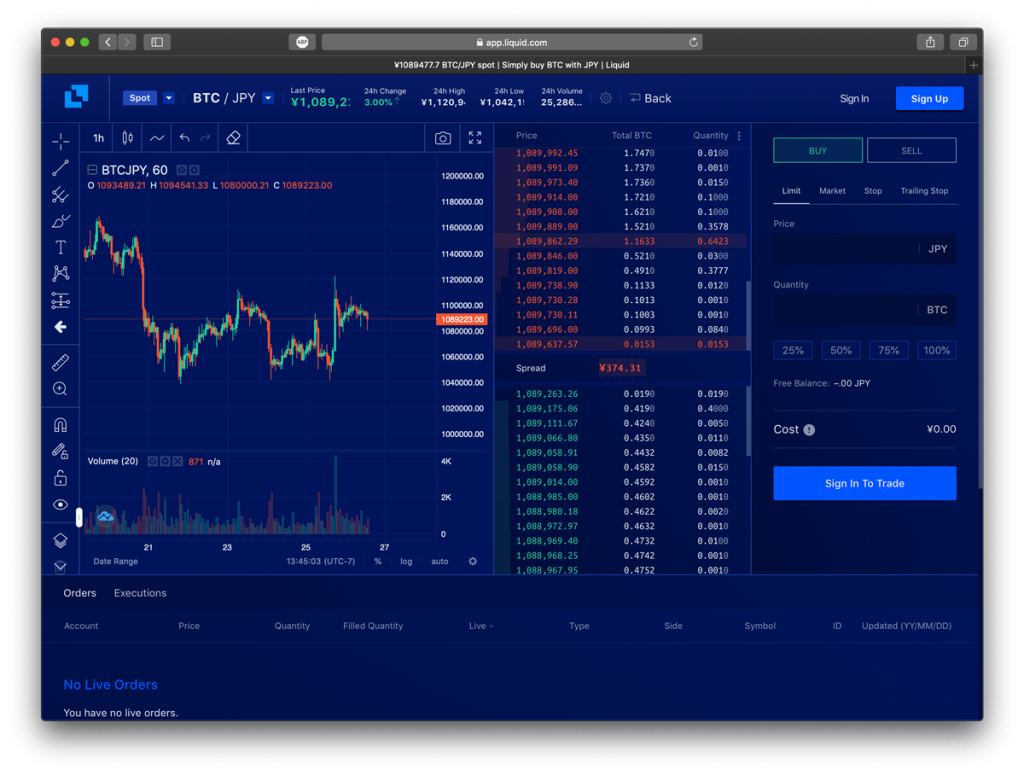 Screenshot of Liquid exchange, a top Coinbase alternative