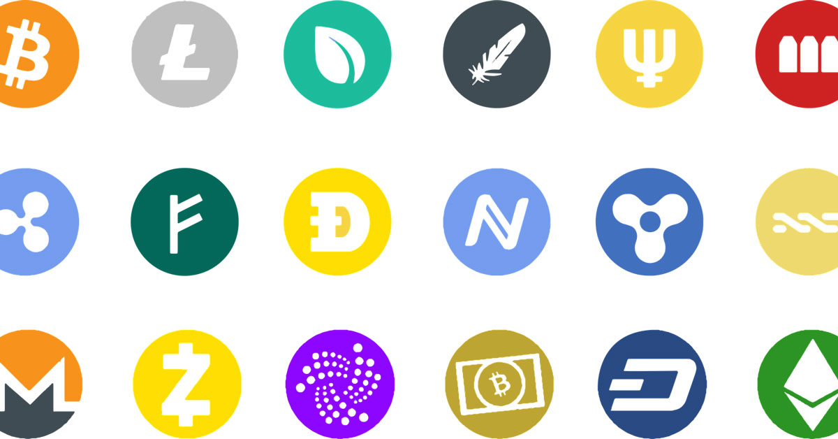 Icones of different altcoins including xrp, xmr, dash, and ethereum.