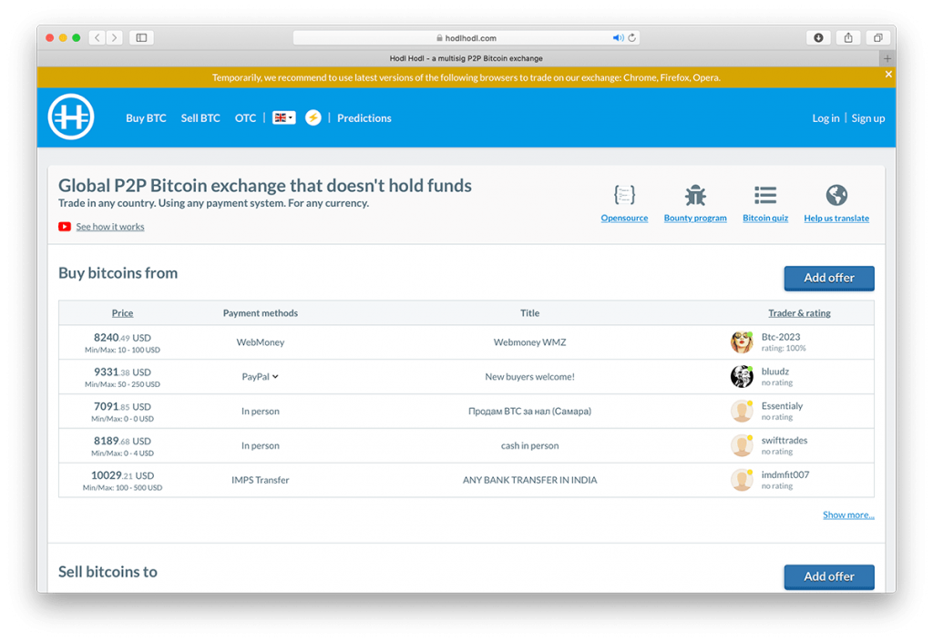 Screenshot of HodlHodl, a P2P bitcoin exchange. One way to purchase bitcoin anonymously