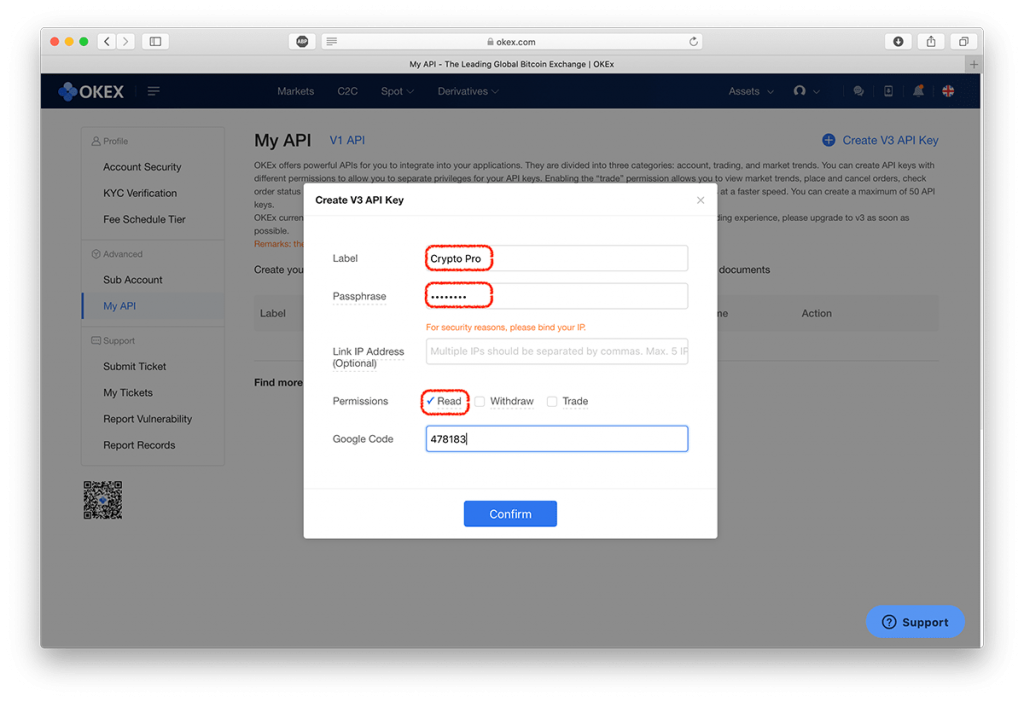 Screenshot showing OKEx API key settings and options