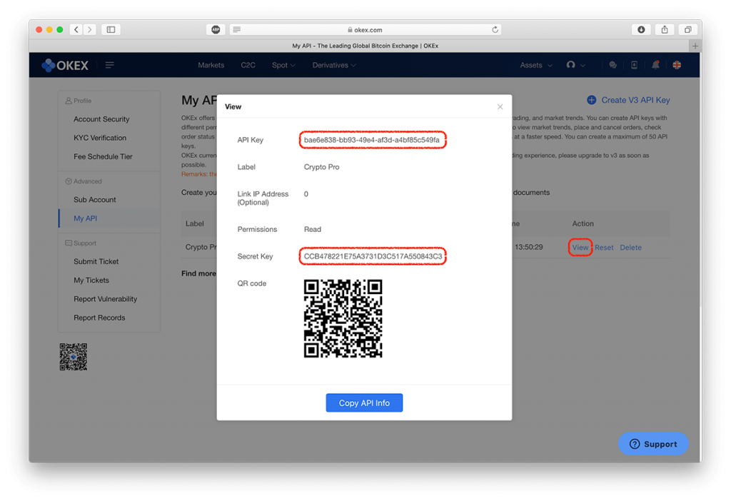 Screenshot of an OKEx API Key and Secret with Barcode