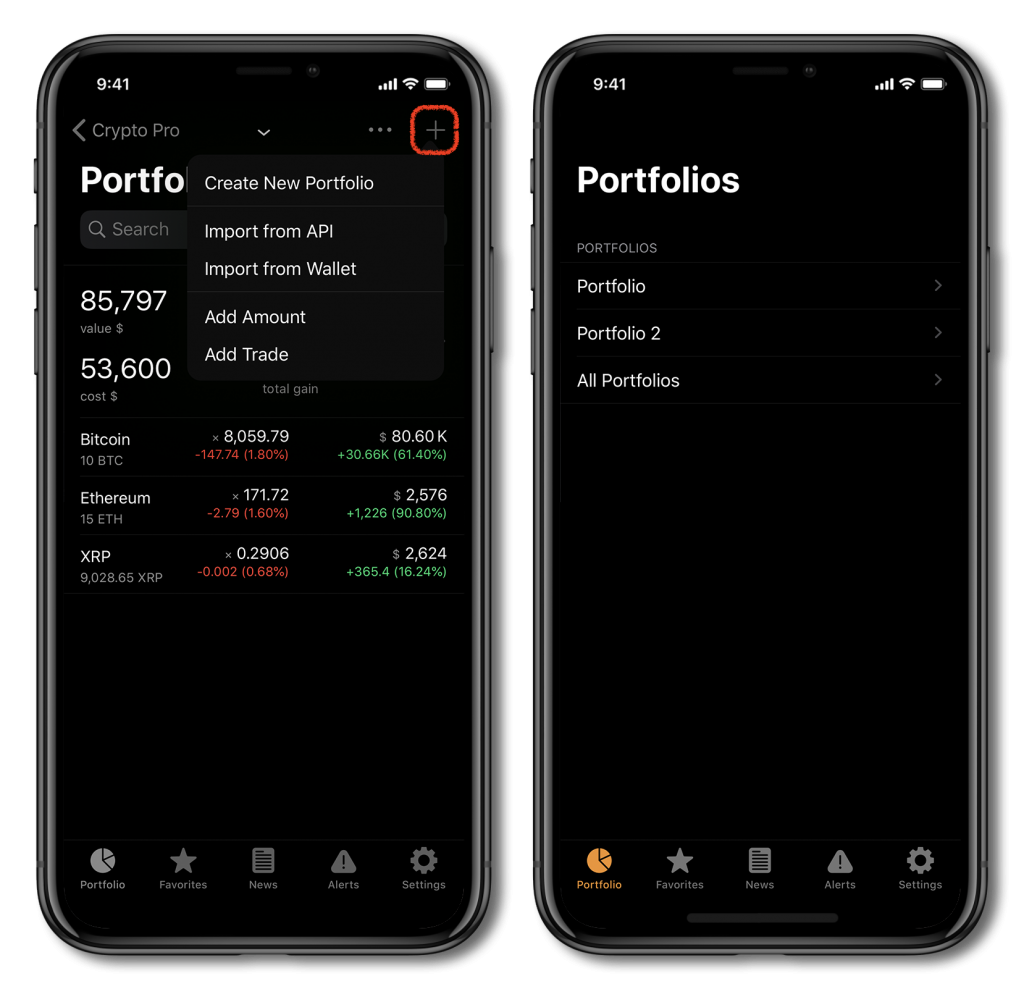 Screenshot of Crypto Pro, showing how to add coins to your portfolio