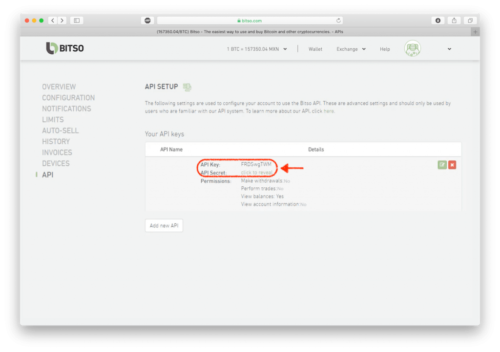 image of bitso api key and secret