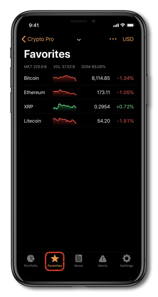 Screenshot of Crypto Pro, showing how to add coins to your favorite list