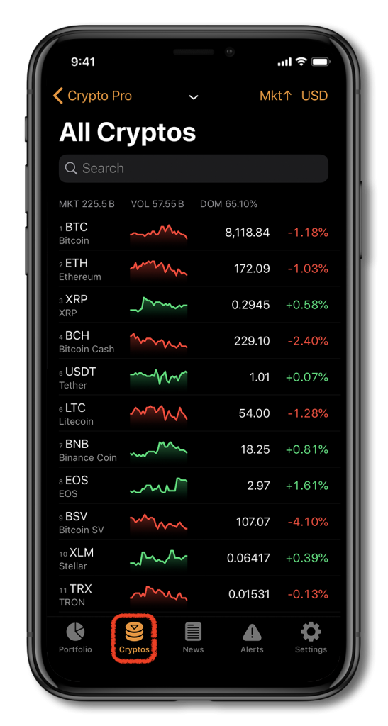 iPhone showing Crypto Pro's cryptocurrency portfolio tracker