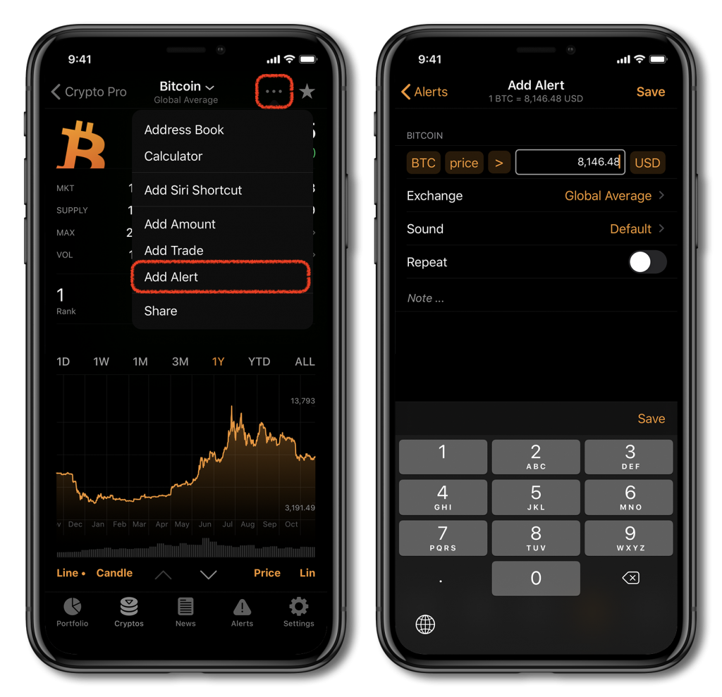 set alarm for crypto price