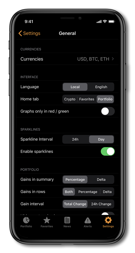 Screenshot of Crypto Pro, showing the general settings tab
