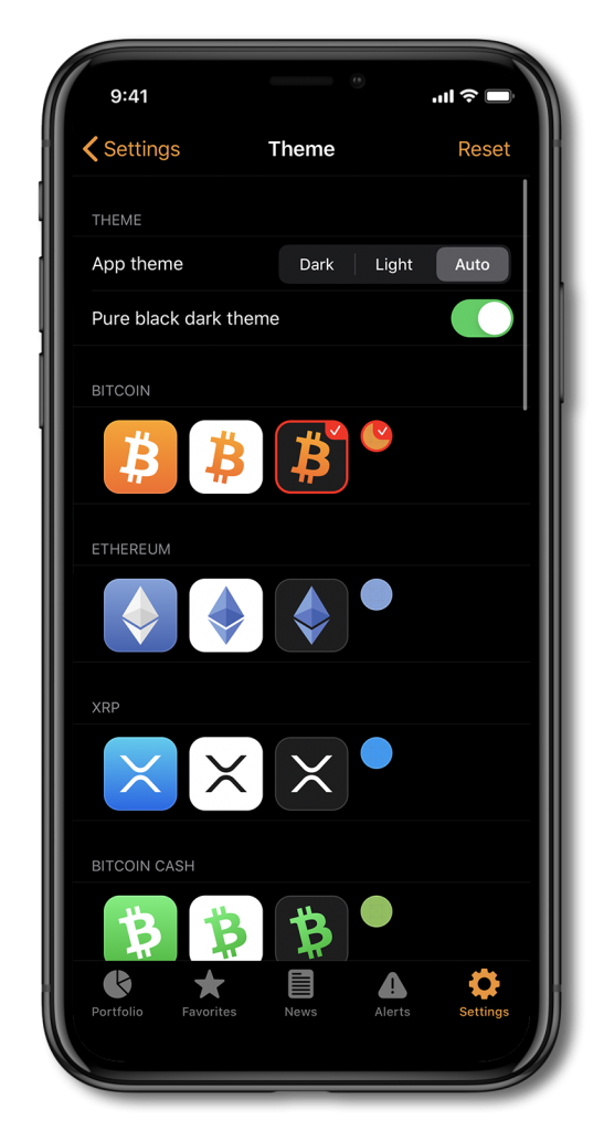 Screenshot of Crypto Pro, showing theme settings tab