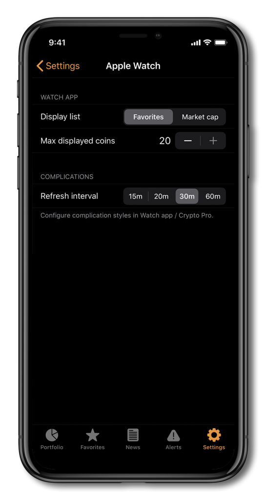 Screenshot of Crypto Pro, showing Apple Watch settings tab