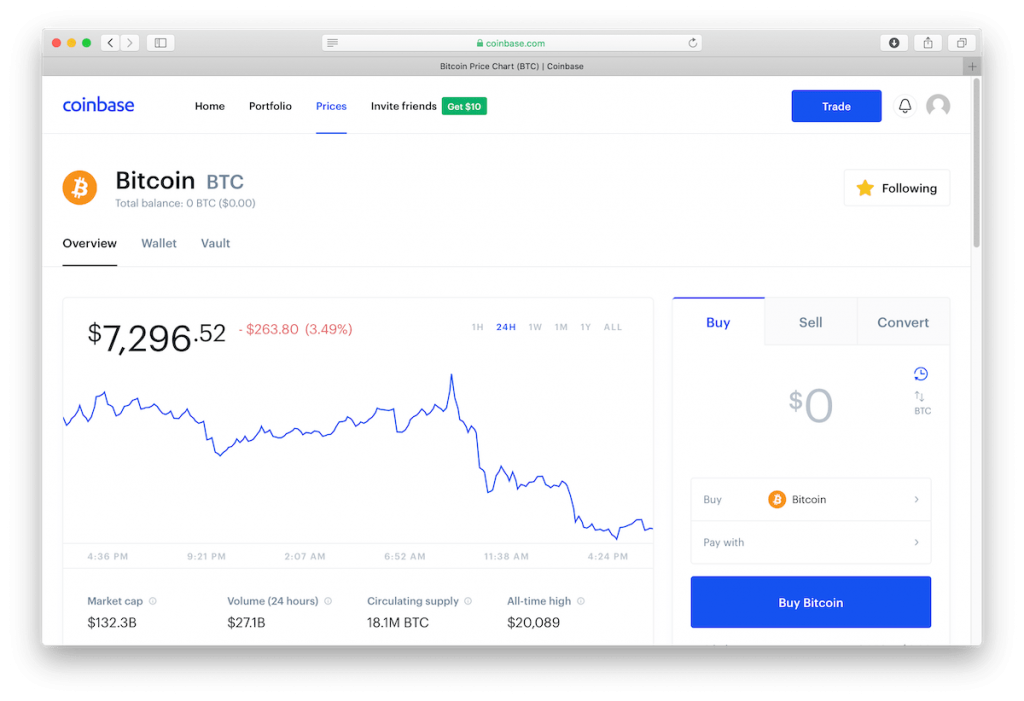 Screenshot of Coinbase's dashboard.