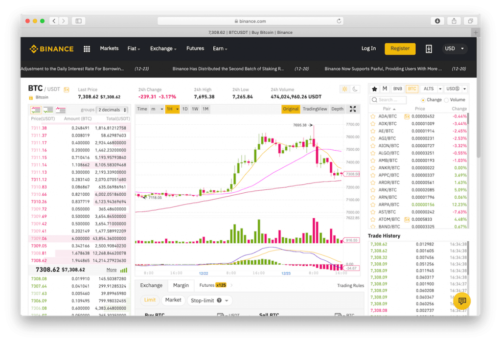 Screenshot of Binance's dashboard showing trading pairs and charts.