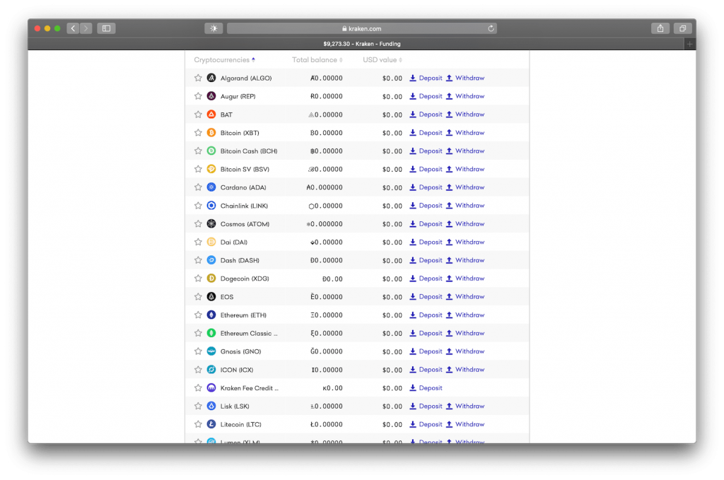 Screenshot showing Cryptocurrency deposit options for Kraken exchange