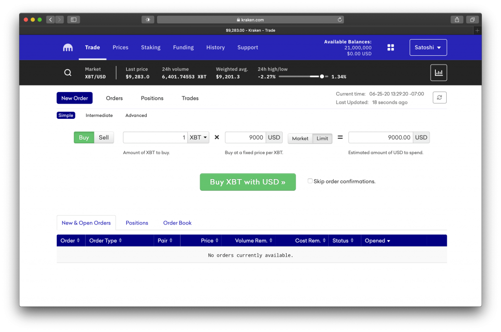 Screenshot showing Kraken's simple trading terminal