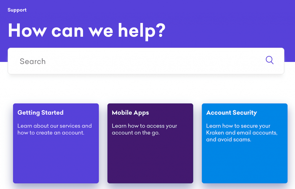 Screenshot showing Kraken's customer support options