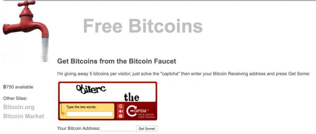 Screenshot showing the first ever Bitcoin faucet, giving out 5 btc per visitor