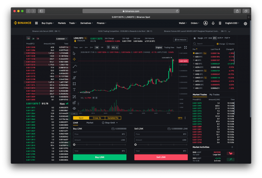 Binance website showing trading platform