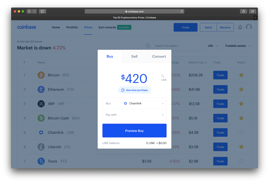 Coinbase exchange website showing purchase LINK screen