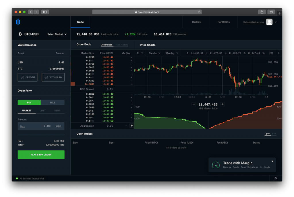 pro.coinbase.com website showing trading terminal