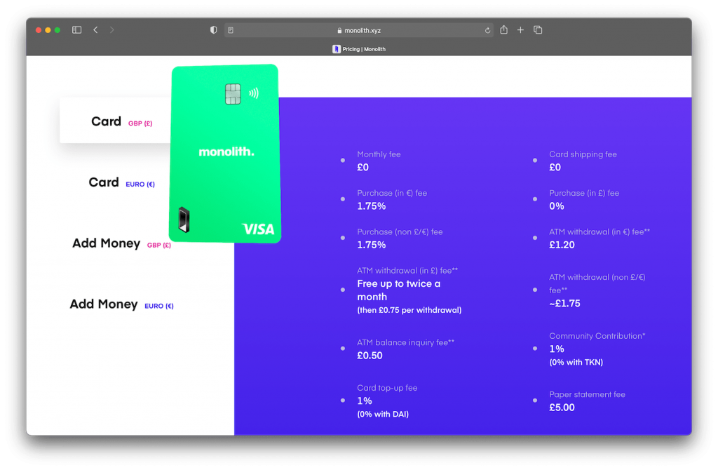 monolith crypto debit card fees