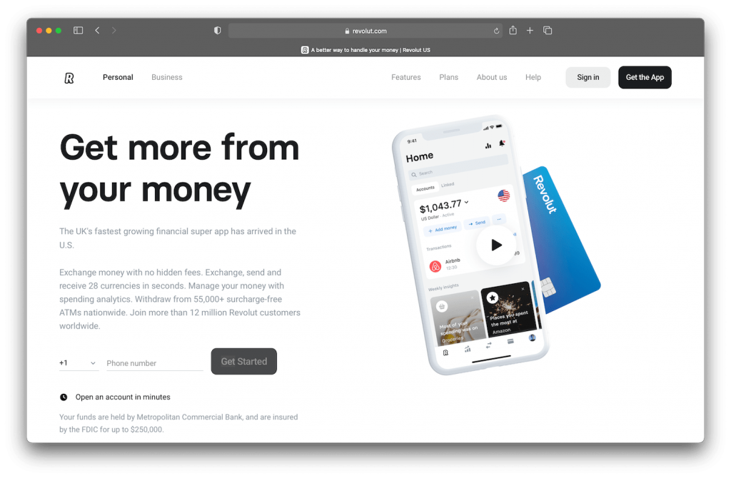 revolut's debit card displayed on their homepage